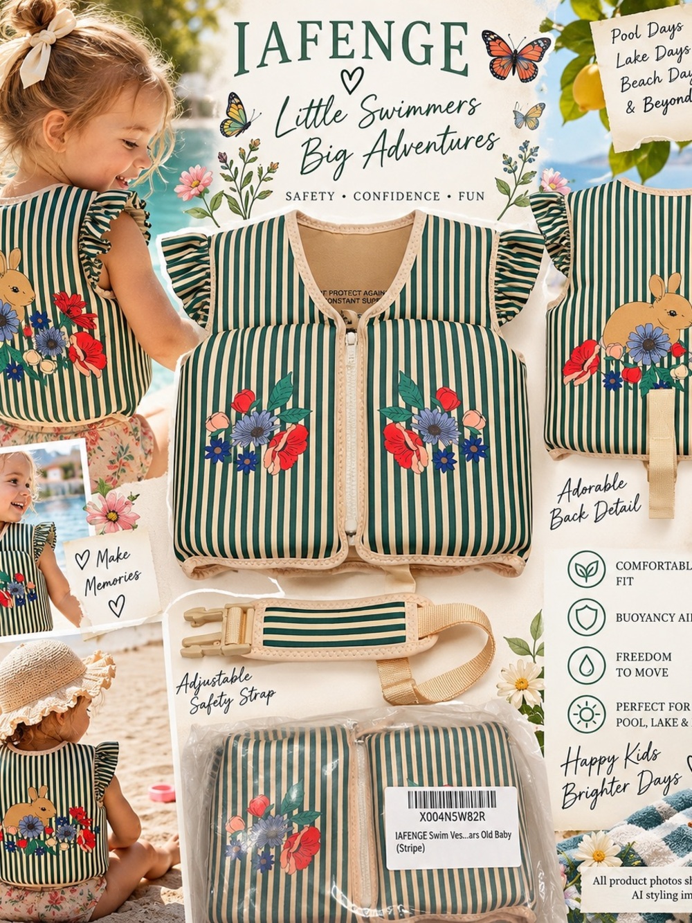 NWT IAFENGE Kids Swim Vest Green Stripe Floral Bunny Ruffle Swim Training Pool